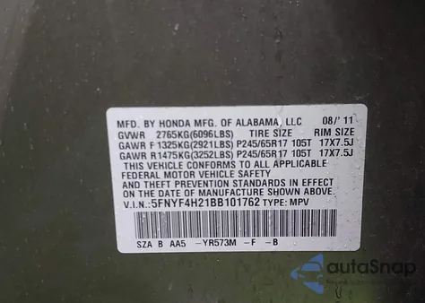 2011 Honda Pilot Lx z USA, uszkodzony, nr VIN 5FNYF4H21BB101762